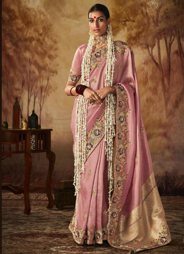Lassya Fashion Salmon Pink Exquisite Banarasi Kanjivaram Saree with Intricate Work Details