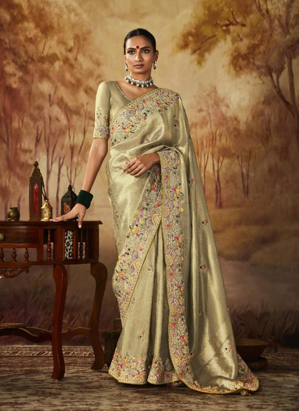 Lassya Fashion Ivory Exquisite Banarasi Kanjivaram Saree with Intricate Work Details