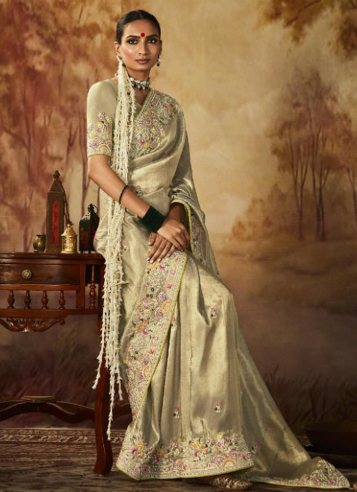 Lassya Fashion Ivory Exquisite Banarasi Kanjivaram Saree with Intricate Work Details