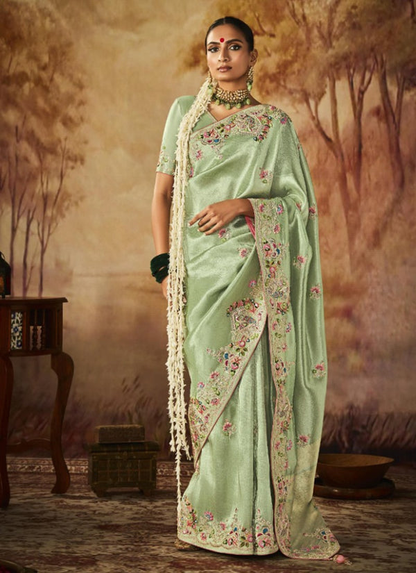 Lassya Fashion Pista Green Exquisite Banarasi Kanjivaram Saree with Intricate Work Details