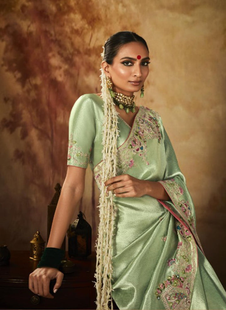 Lassya Fashion Pista Green Exquisite Banarasi Kanjivaram Saree with Intricate Work Details