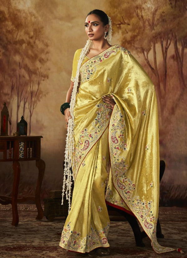Lassya Fashion Lemon Yellow Exquisite Banarasi Kanjivaram Saree with Intricate Work Details