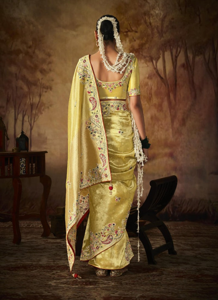 Lassya Fashion Lemon Yellow Exquisite Banarasi Kanjivaram Saree with Intricate Work Details