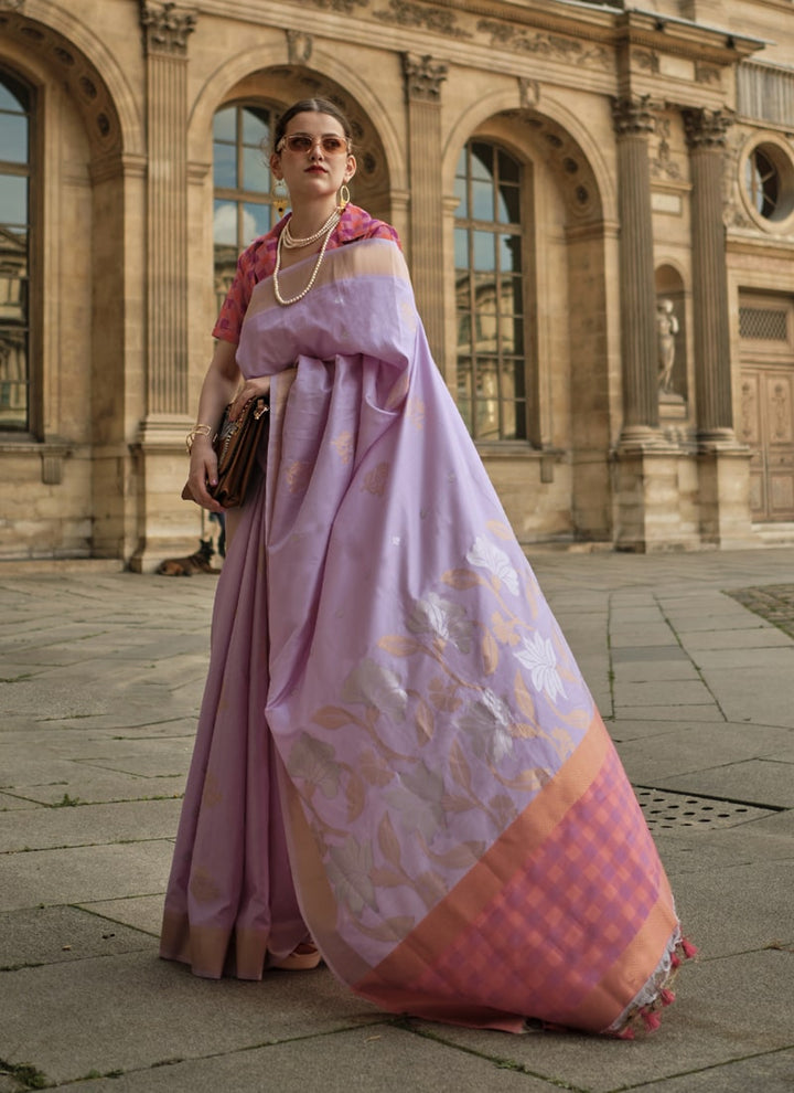 Lassya Fashion Lavender Handloom Woven Soft Silk Wedding Saree with Matching Blouse