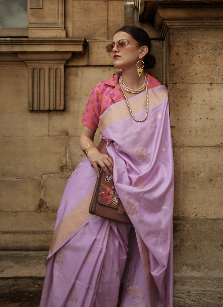 Lassya Fashion Lavender Handloom Woven Soft Silk Wedding Saree with Matching Blouse