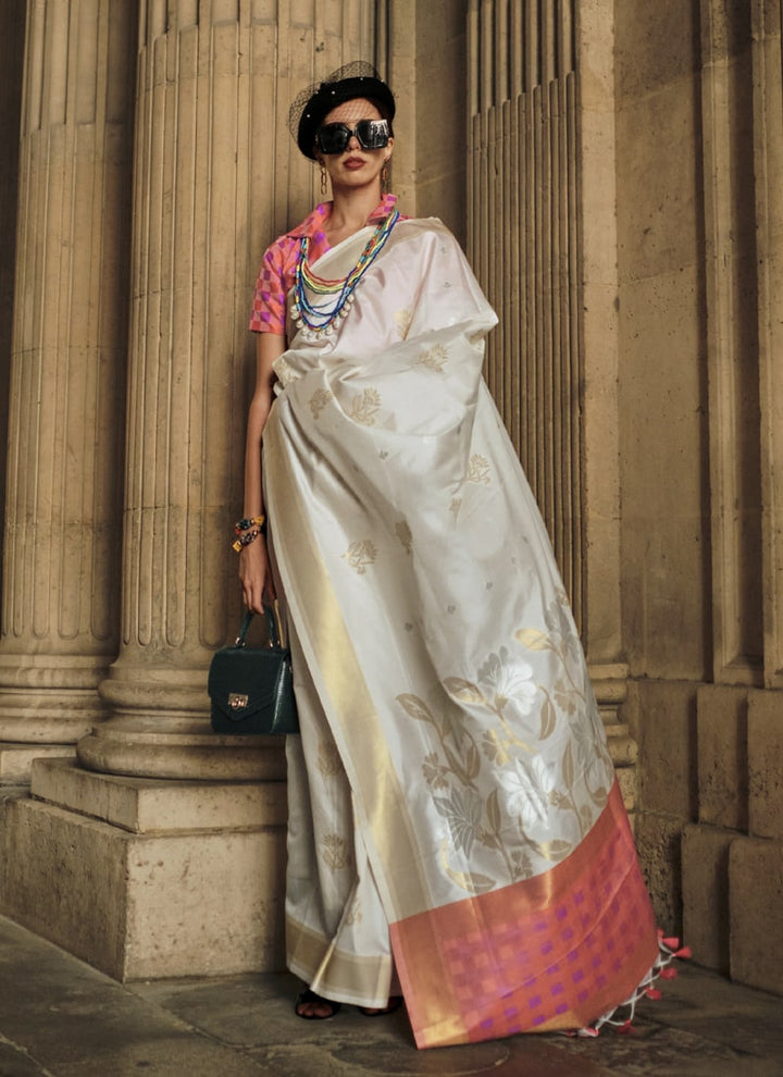 Lassya Fashion White Handloom Woven Soft Silk Wedding Saree with Matching Blouse