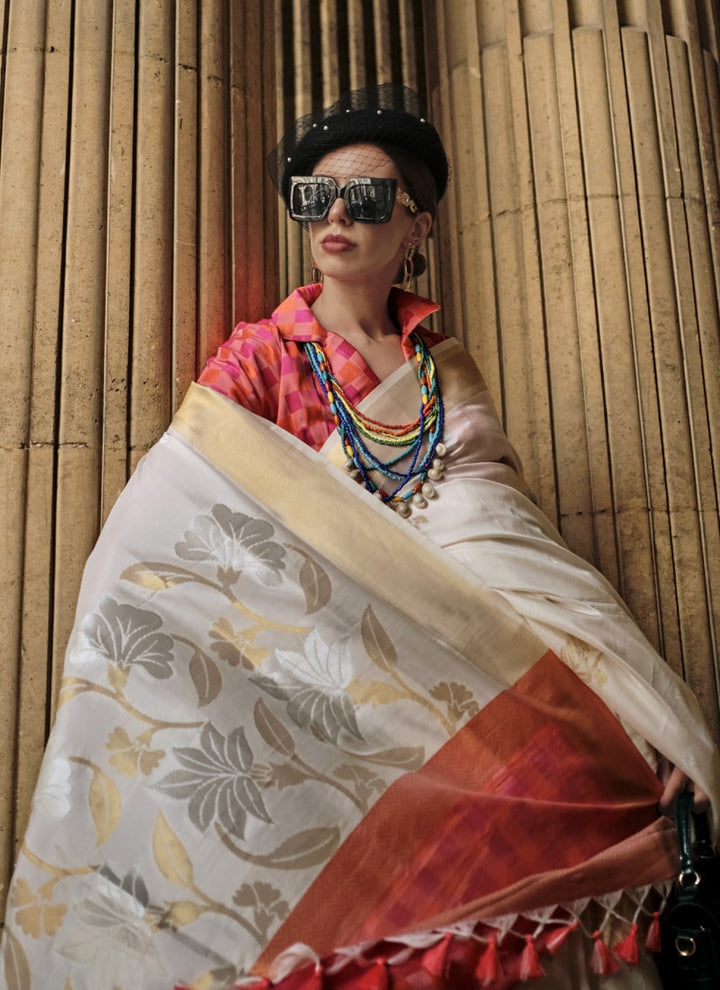 Lassya Fashion White Handloom Woven Soft Silk Wedding Saree with Matching Blouse