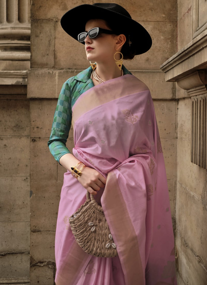 Lassya Fashion Pink Handloom Woven Soft Silk Wedding Saree with Matching Blouse