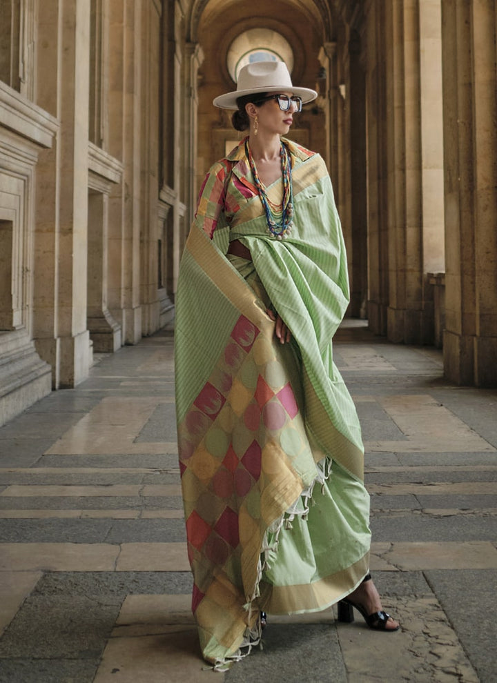 Lassya Fashion Pista green Handwoven Soft Silk Wedding Saree with a Matching Blouse