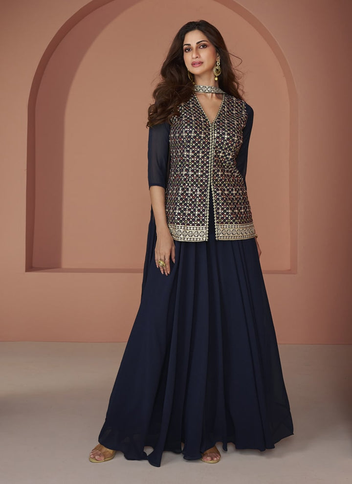 Lassya Fashion Mystic Blue Indo Western Kediya Style Top and Palazzo Set in Real Georgette