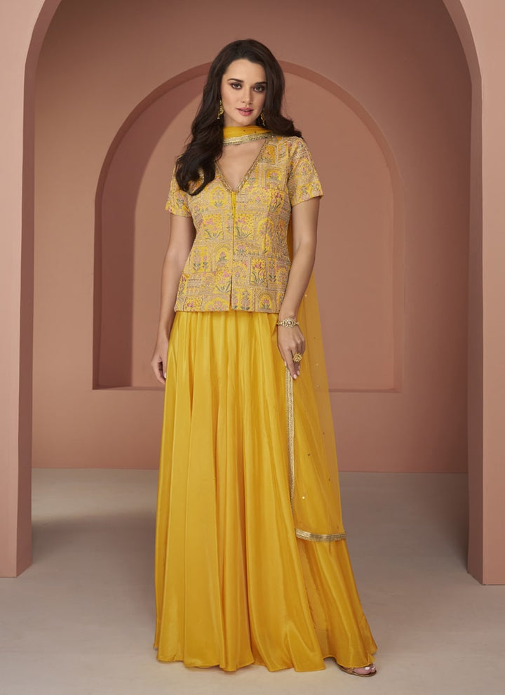 Lassya Fashion Marigold Yellow Indo Western Kediya Style Top and Palazzo Set in Real Georgette