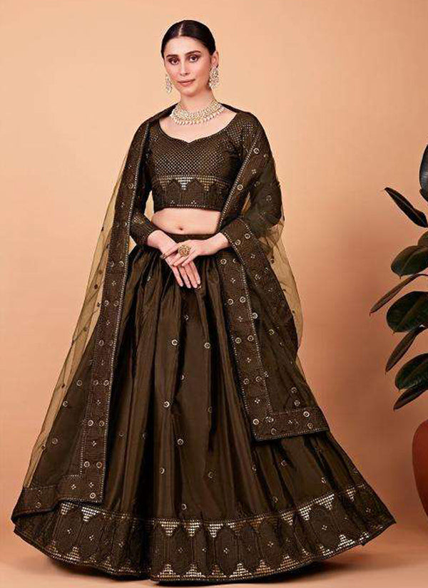 Lassya Fashion Mehndi Designer Tabby Silk Lehenga Choli Set with Sequins Embroidery and Net Dupatta