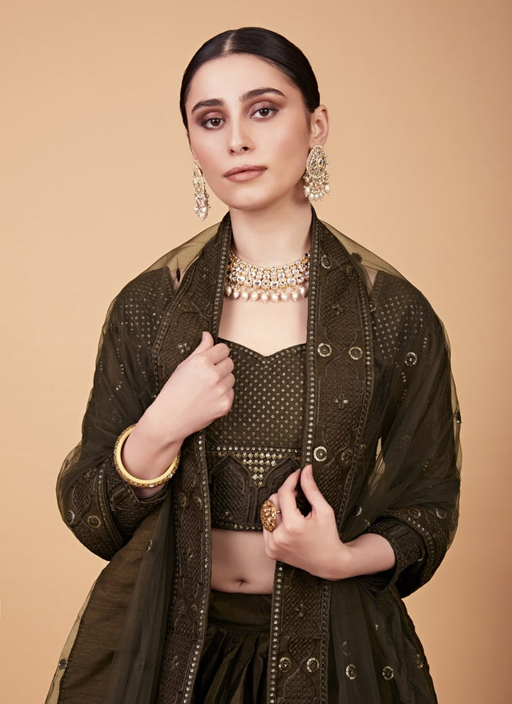 Lassya Fashion Mehndi Designer Tabby Silk Lehenga Choli Set with Sequins Embroidery and Net Dupatta