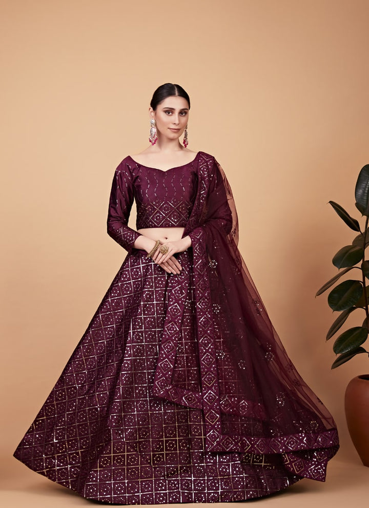 Lassya Fashion Wine Designer Tabby Silk Lehenga Choli Set with Sequins Embroidery and Net Dupatta