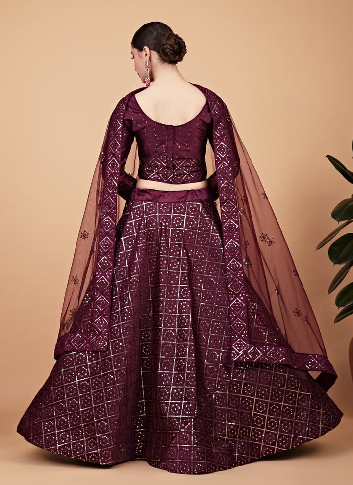 Lassya Fashion Wine Designer Tabby Silk Lehenga Choli Set with Sequins Embroidery and Net Dupatta