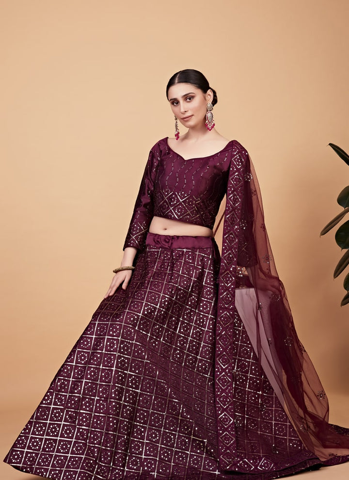 Lassya Fashion Wine Designer Tabby Silk Lehenga Choli Set with Sequins Embroidery and Net Dupatta