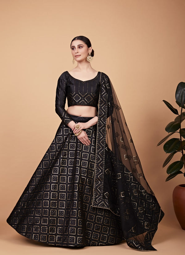 Lassya Fashion Black Designer Tabby Silk Lehenga Choli Set with Sequins Embroidery and Net Dupatta