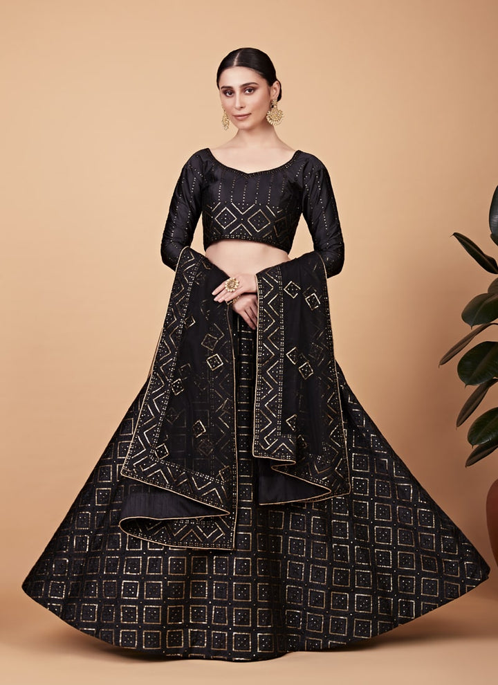 Lassya Fashion Black Designer Tabby Silk Lehenga Choli Set with Sequins Embroidery and Net Dupatta