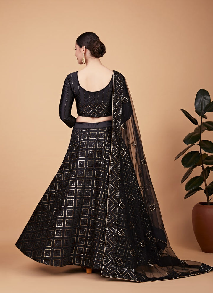 Lassya Fashion Black Designer Tabby Silk Lehenga Choli Set with Sequins Embroidery and Net Dupatta