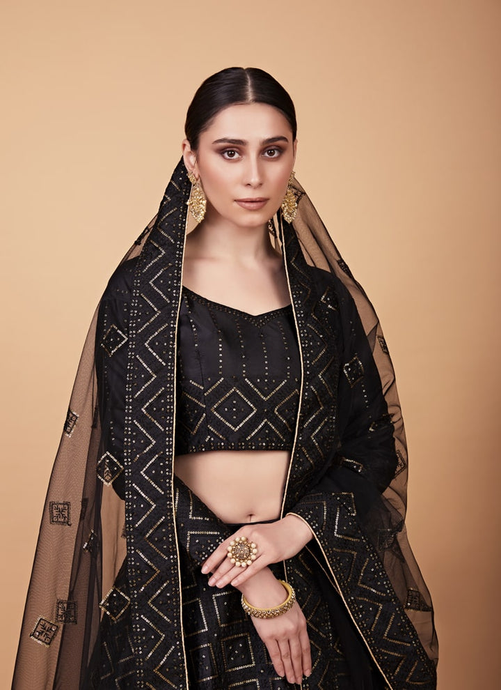 Lassya Fashion Black Designer Tabby Silk Lehenga Choli Set with Sequins Embroidery and Net Dupatta