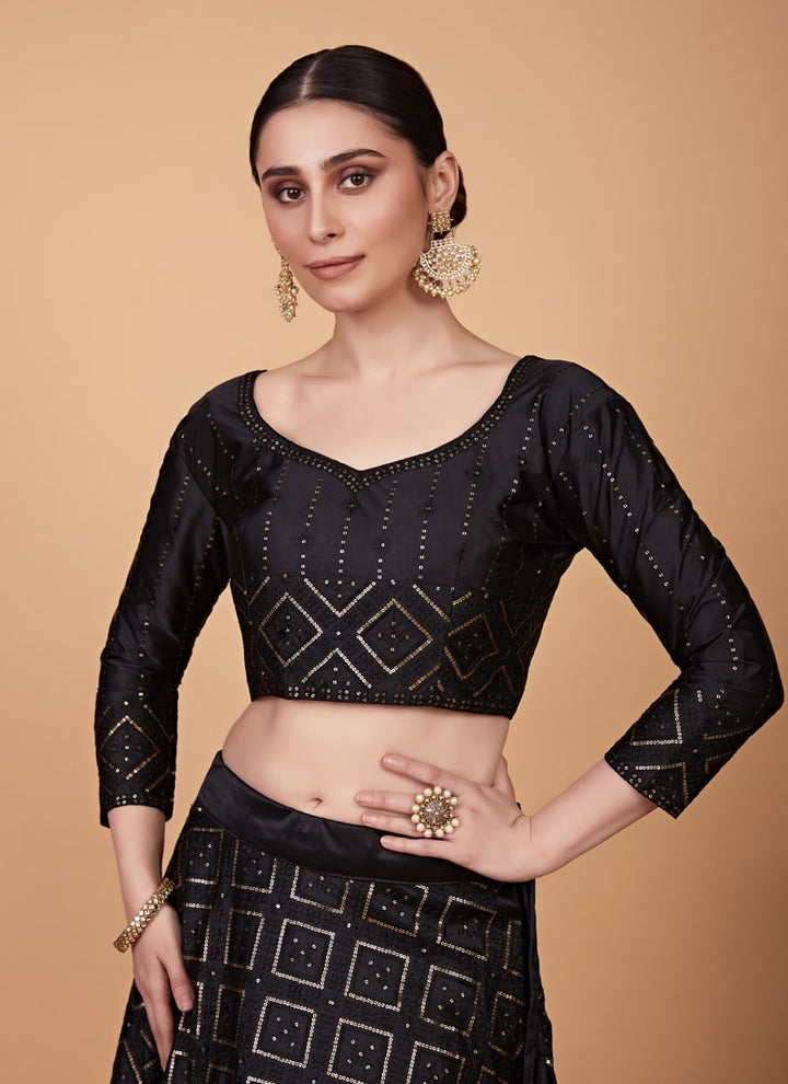 Lassya Fashion Black Designer Tabby Silk Lehenga Choli Set with Sequins Embroidery and Net Dupatta