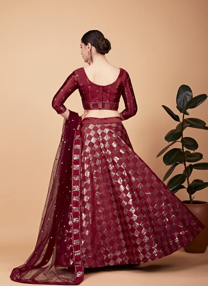 Lassya Fashion Red Designer Tabby Silk Lehenga Choli Set with Sequins Embroidery and Net Dupatta