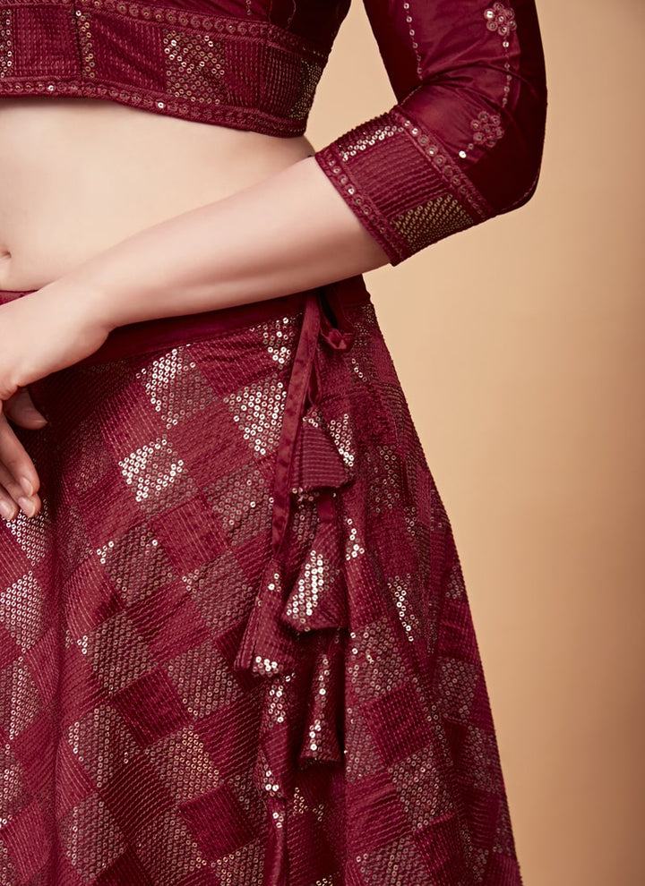 Lassya Fashion Red Designer Tabby Silk Lehenga Choli Set with Sequins Embroidery and Net Dupatta
