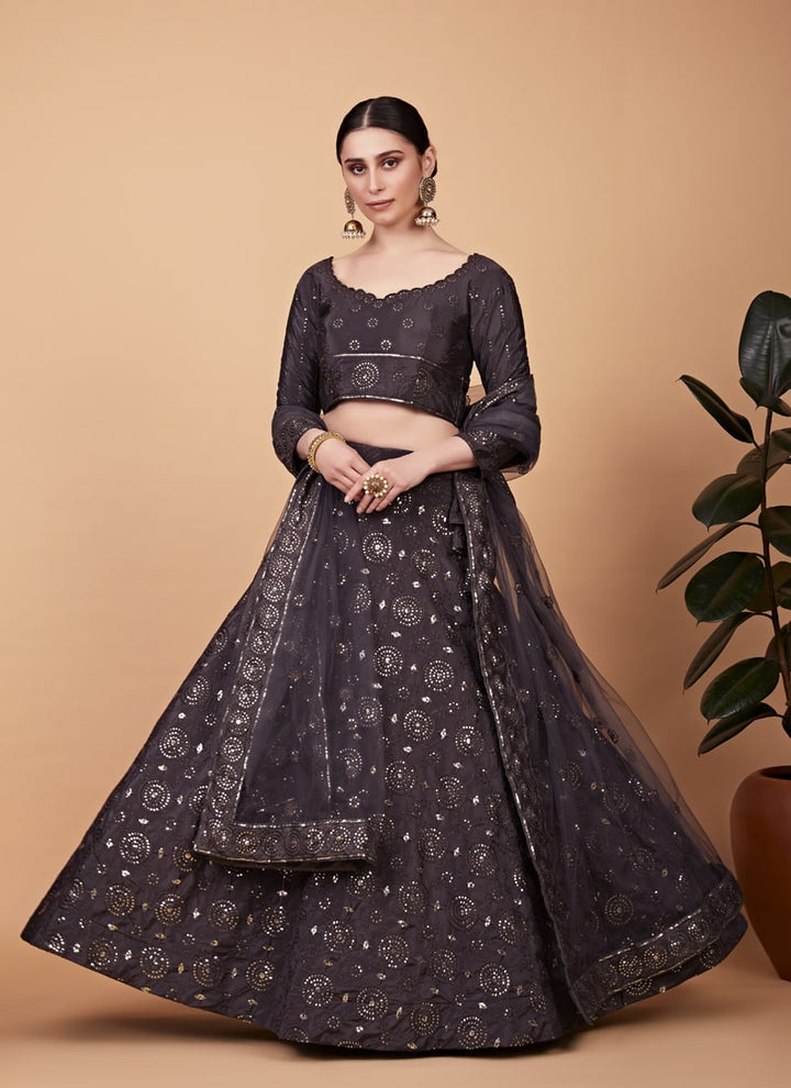 Lassya Fashion Grey Designer Tabby Silk Lehenga Choli Set with Sequins Embroidery and Net Dupatta