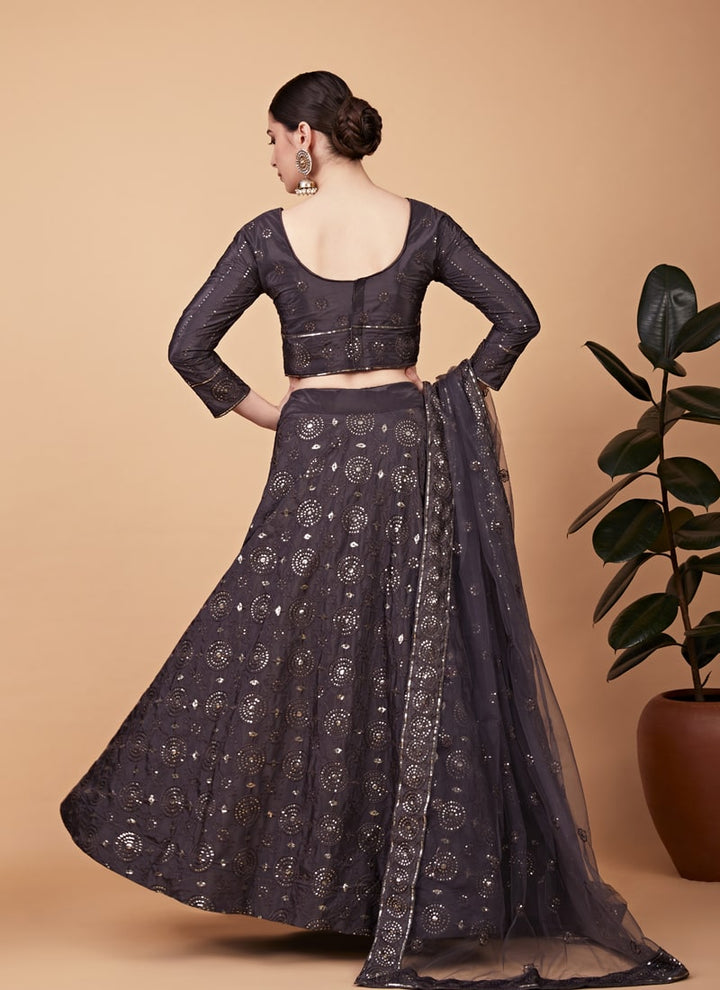 Lassya Fashion Grey Designer Tabby Silk Lehenga Choli Set with Sequins Embroidery and Net Dupatta
