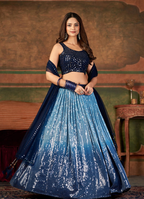 Midnight Blue Stunning Designer Crop Top with Skirt And Dupatta