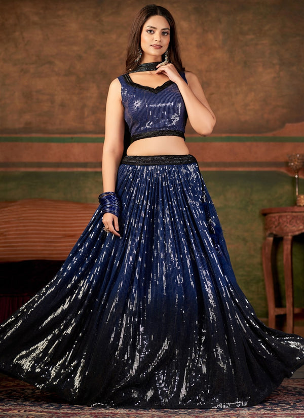 Indigo Blue Stunning Designer Crop Top with Skirt And Dupatta