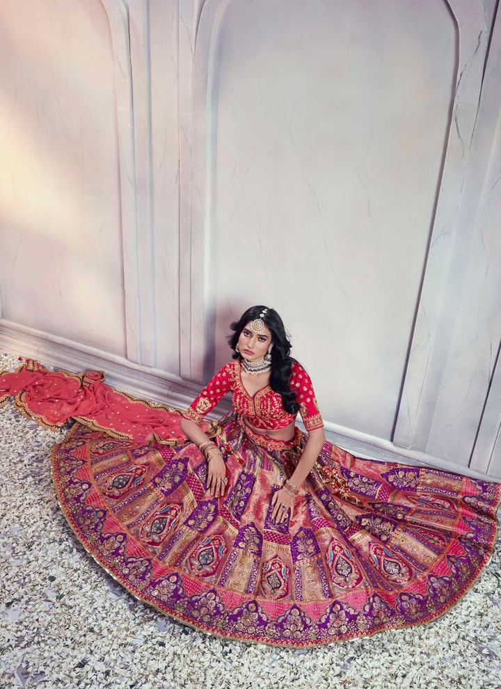 Lassya Fashion Red And Purple Dola Silk Bridal Lehenga Set