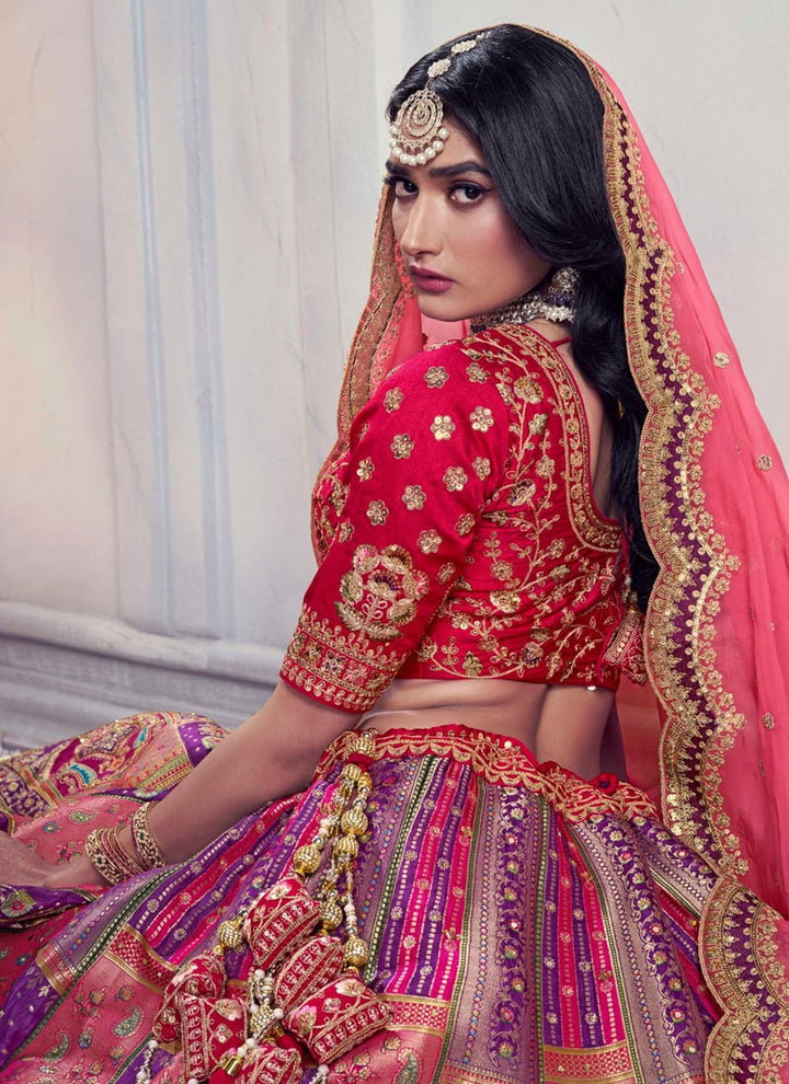 Lassya Fashion Red And Purple Dola Silk Bridal Lehenga Set