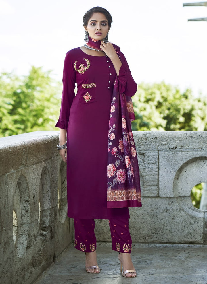 Lassya Fashion Purple Wine Embroidered Rayon Salwar Suit with Digital Print Dupatta