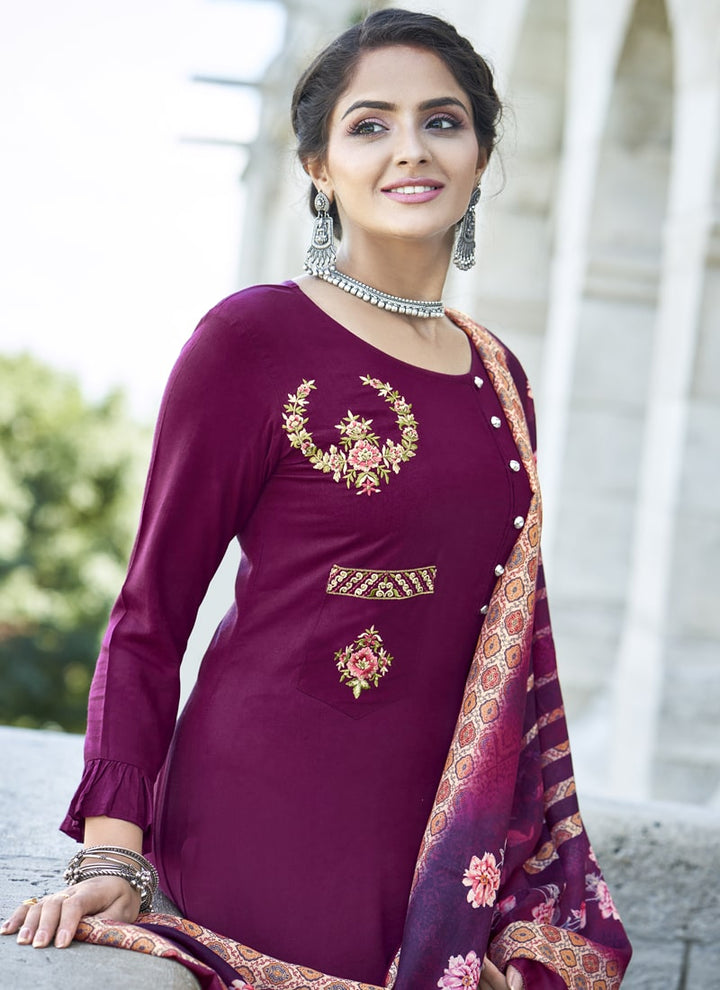 Lassya Fashion Purple Wine Embroidered Rayon Salwar Suit with Digital Print Dupatta