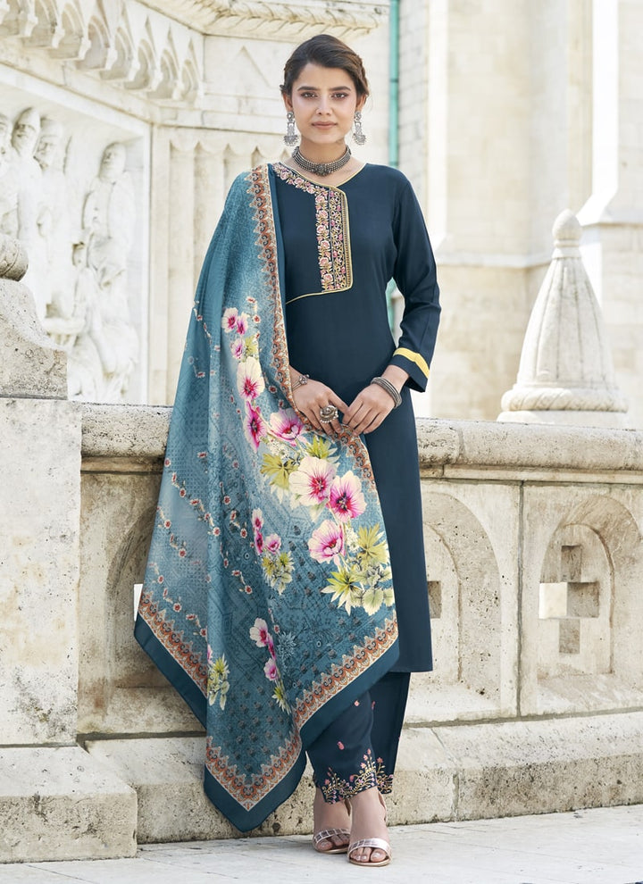 Lassya Fashion Teal Green Embroidered Rayon Salwar Suit with Digital Print Dupatta