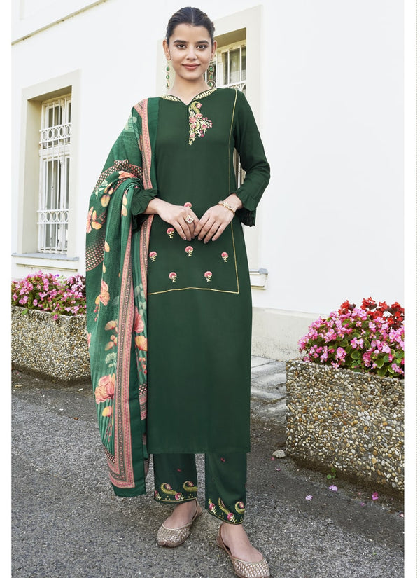 Lassya Fashion Olive Green Embroidered Rayon Salwar Suit with Digital Print Dupatta