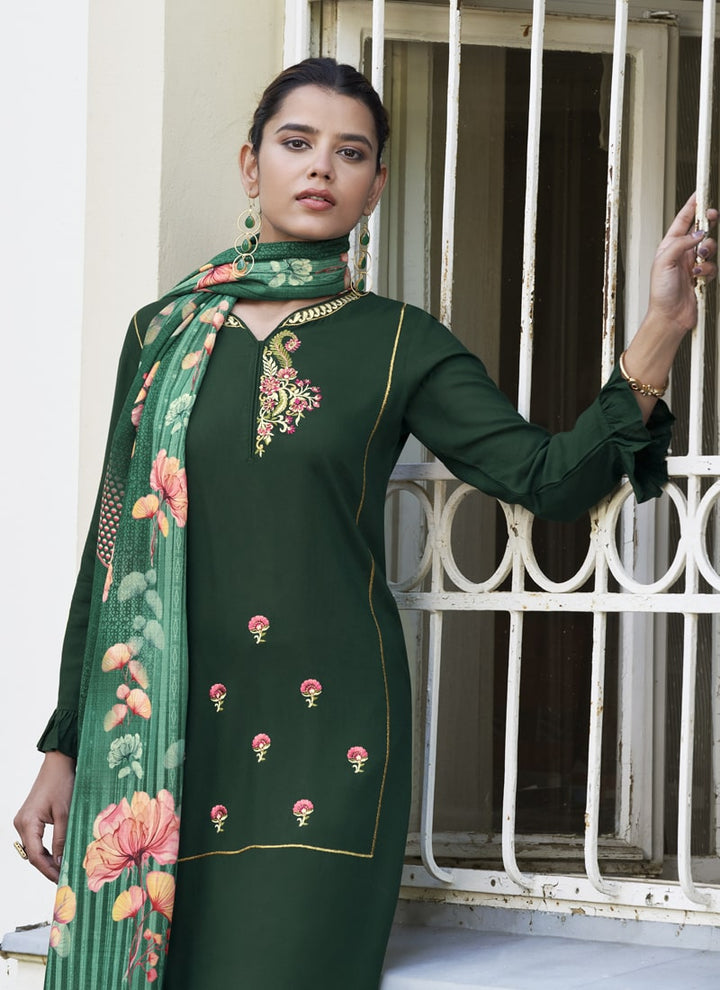 Lassya Fashion Olive Green Embroidered Rayon Salwar Suit with Digital Print Dupatta