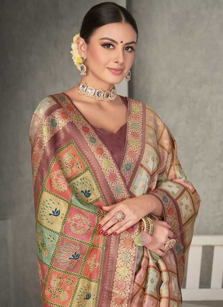 Lassya Fashion Cream Designer Festive Checkered Silk Saree