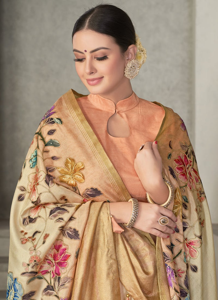 Lassya Fashion Beige Floral Sequence Embroidered Festive Silk Saree