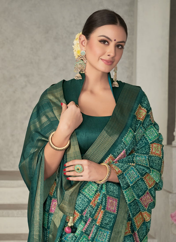 Lassya Fashion Pine Green Elegant Festive Silk Saree with Etec Geometric Embroidery