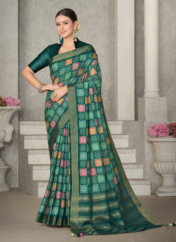 Lassya Fashion Pine Green Elegant Festive Silk Saree with Etec Geometric Embroidery