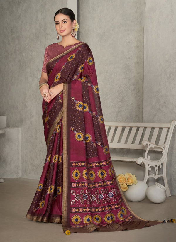 Lassya Fashion Brown Bandhani Thread Embroidered Festive Silk Saree