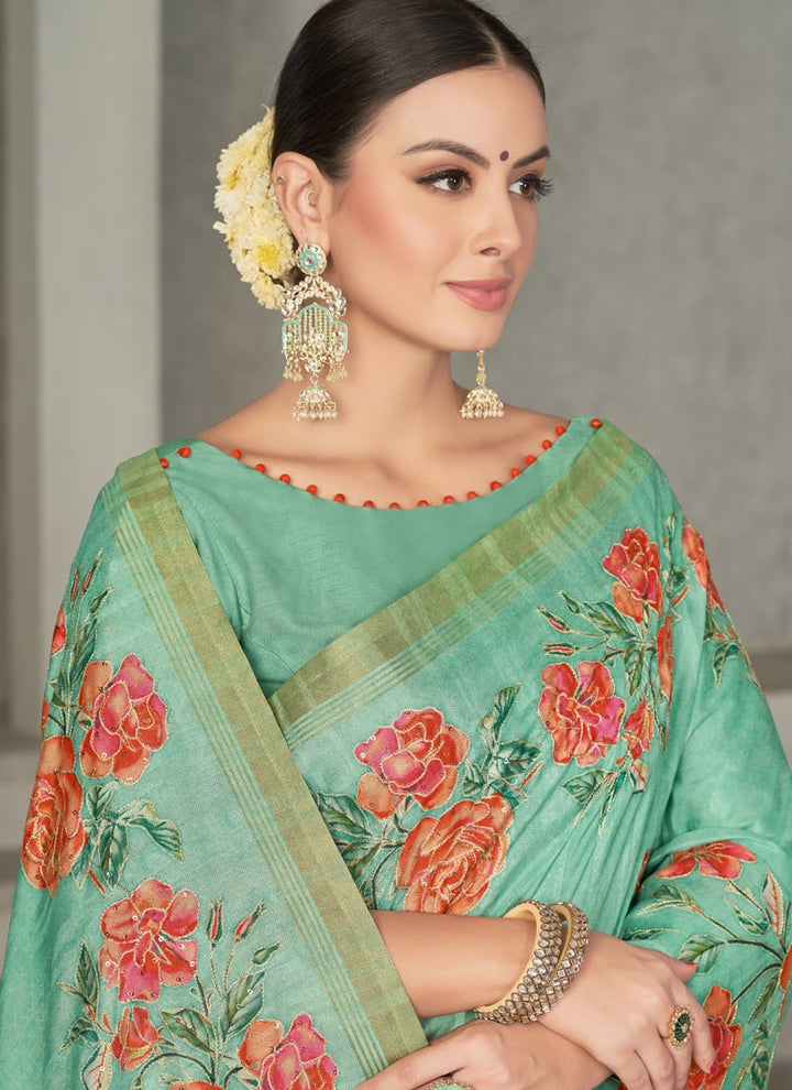Lassya Fashion Shamrock Green Floral Sequence Embroidered Festive Silk Saree