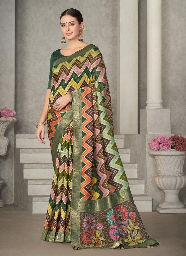 Lassya Fashion Castleton Green Chevron Woven Design Festive Silk Saree