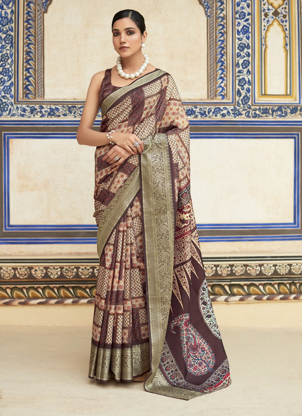 Lassya Fashion Coffee Brown Topclass Print Partywear Viscose Dola Silk Saree