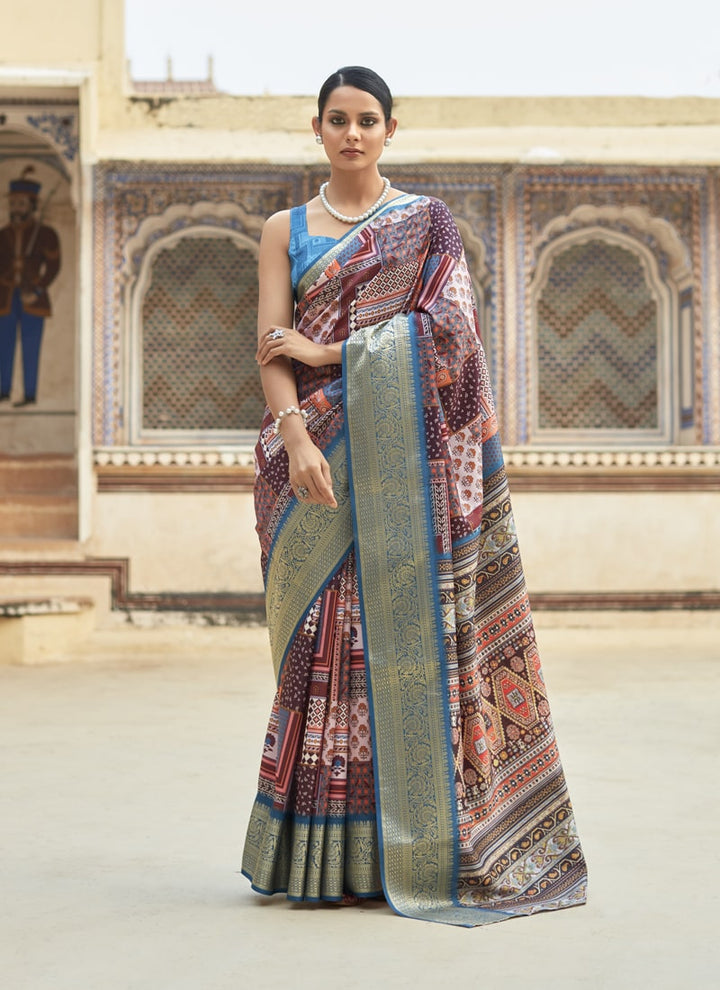 Lassya Fashion Coffee and Sea Blue Topclass Print Partywear Viscose Dola Silk Saree