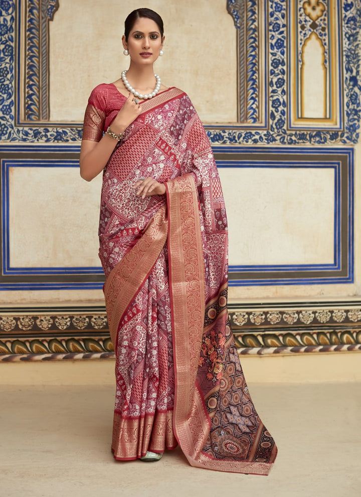 Lassya Fashion Crimson Red Topclass Print Partywear Viscose Dola Silk Saree