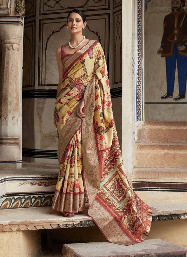 Lassya Fashion Light Yellow Topclass Print Partywear Viscose Dola Silk Saree