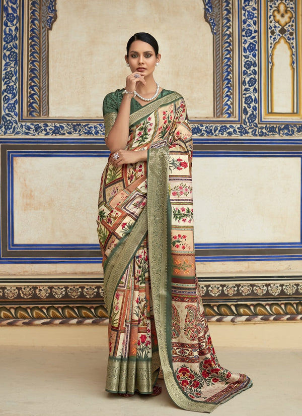 Lassya Fashion Green And Cream Topclass Print Partywear Viscose Dola Silk Saree